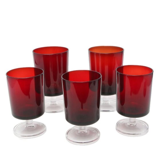 Vintage 70s Cristal D'Arques of France Cavalier Wine Goblets Glasses Ruby Red x5 - Picture 1 of 13